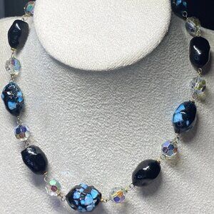 Vintage Black & Blue Art Glass Beaded Necklace Handmade 14”